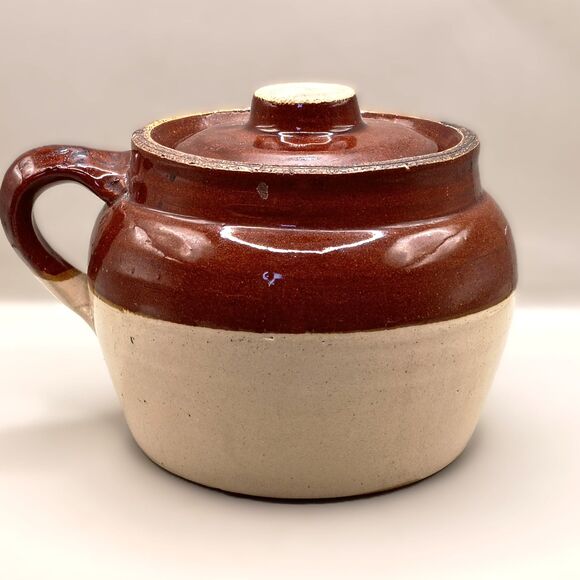 Antique Small Bean Pot Single Handle Stoneware Crock Brown Cream USA Crockery - Picture 6 of 15